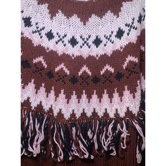 Glamorous Maroon Cable Knit Fringe Sweater Geometric Designs Size M Wool Blend - Picture 8 of 8